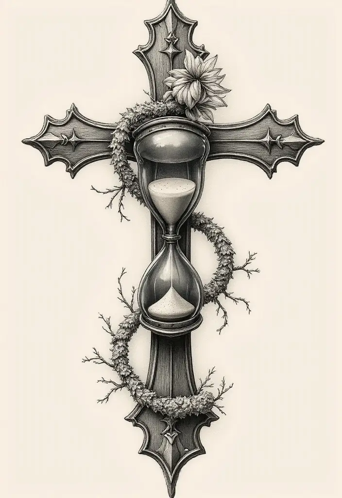 50 Cross Tattoo Meaning Inspirations and Symbolism Explained - 26. The Cross and Hourglass: Time and Faith