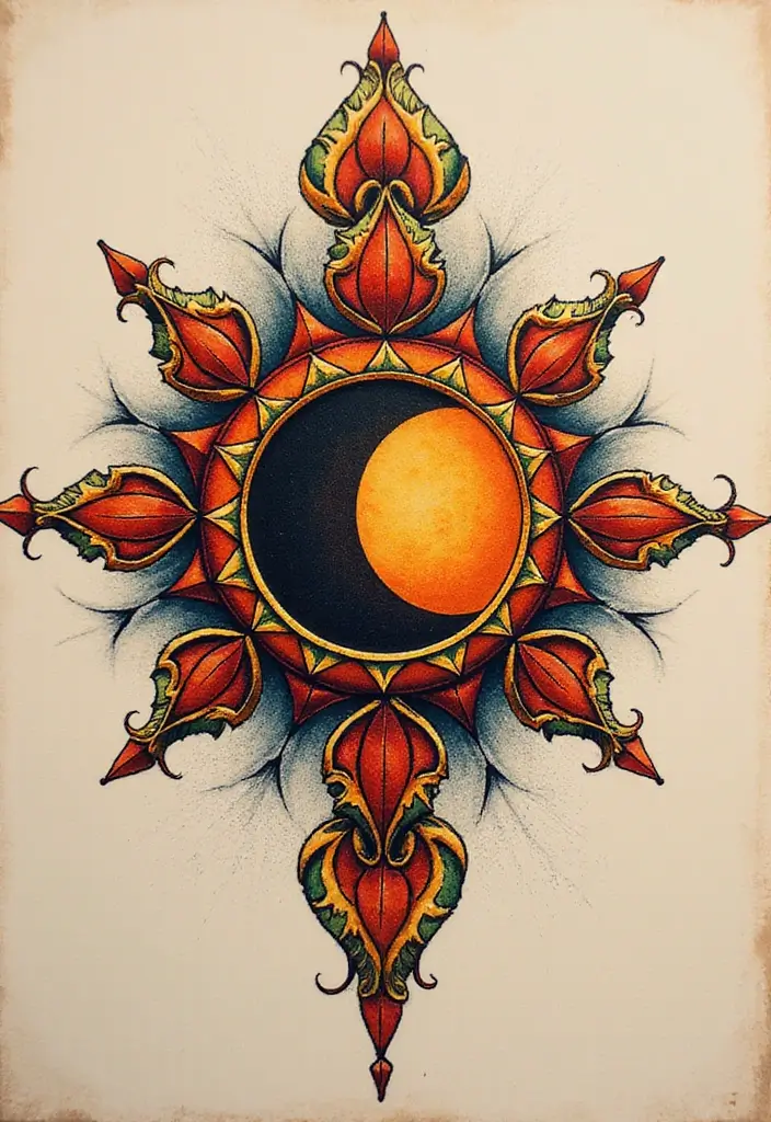 50 Eclipse Tattoo Designs with Powerful Meaning and Symbolism - 26. Eclipse and Sand Mandala