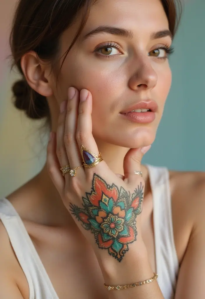 30 Elegant Hand Tattoos for a Chic and Bold Look 26 30 Elegant Hand Tattoos for a Chic and Bold Look - 26. Unique Mosaic Patterns