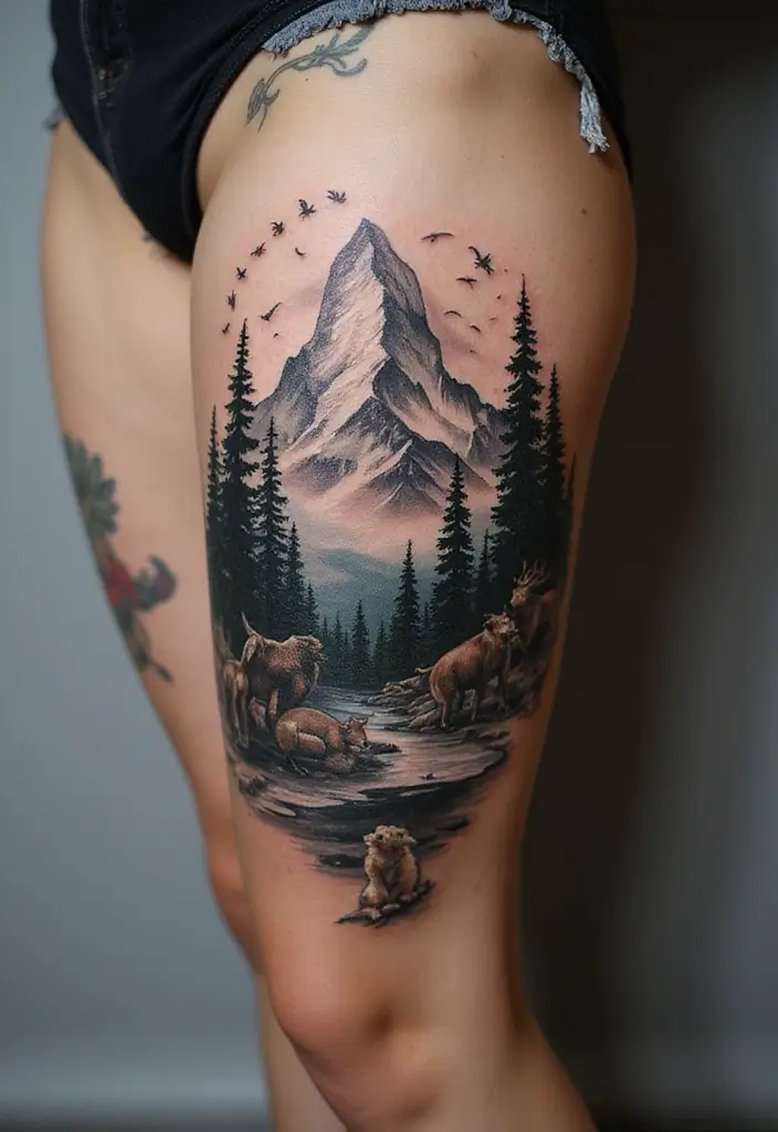 50 Mountain Tattoo Ideas with Powerful and Minimalist Designs 26 50 Mountain Tattoo Ideas with Powerful and Minimalist Designs - 26. Mountain Landscape with Animals