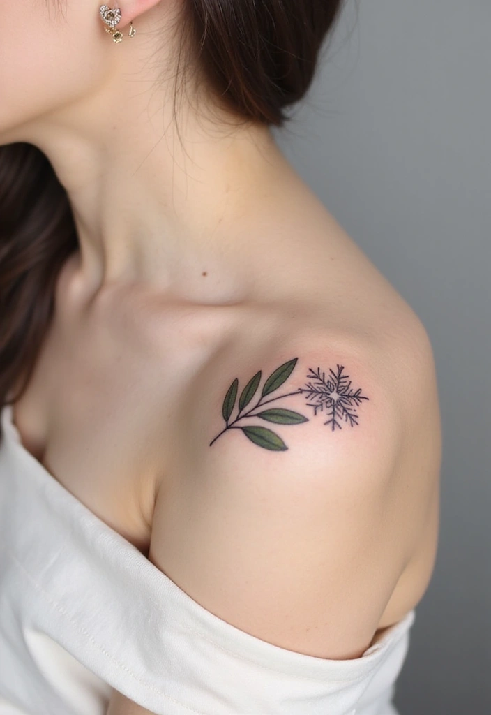 30 Olive Branch Tattoo Meaning and Design Inspirations - 26. Olive Branch with a Snowflake