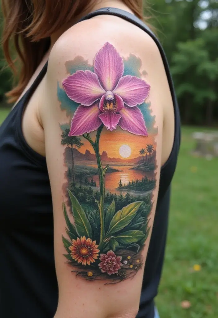 30 Orchid Tattoos That Represent Elegance and Beauty - 26. Orchid in Nature Tattoo