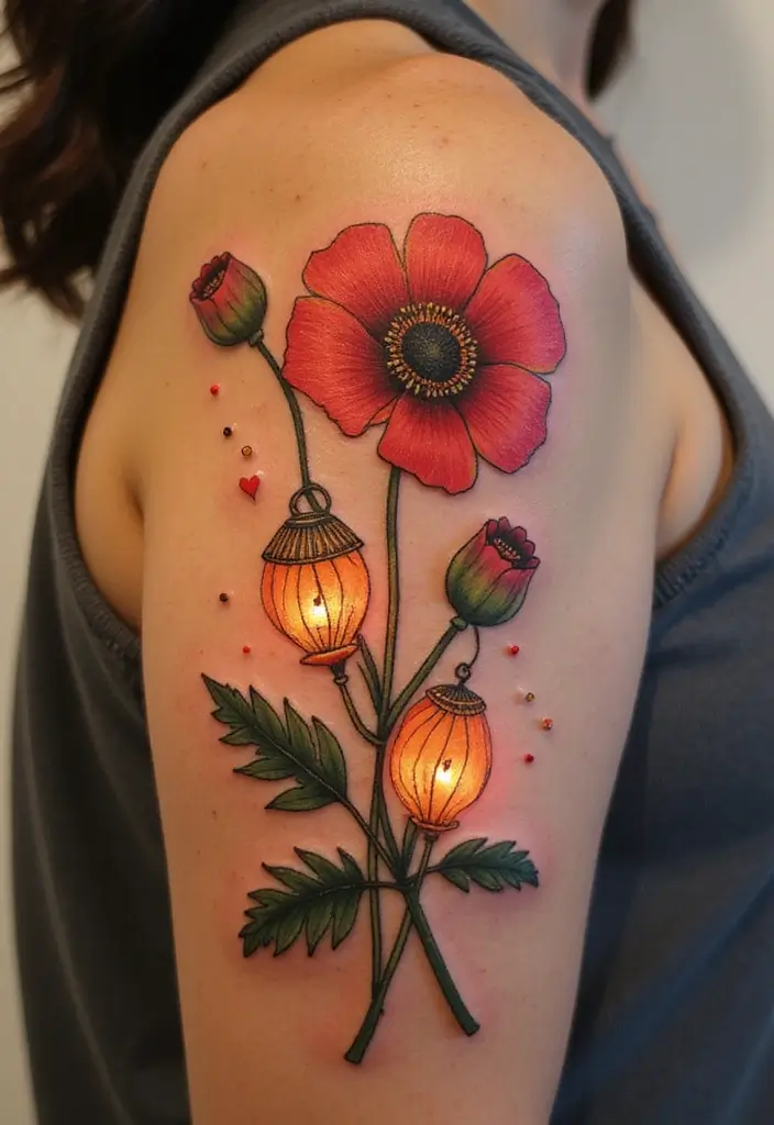 30 Poppy Tattoo Ideas with Symbolic Meanings 26 30 Poppy Tattoo Ideas with Symbolic Meanings - 26. Poppy with Lanterns