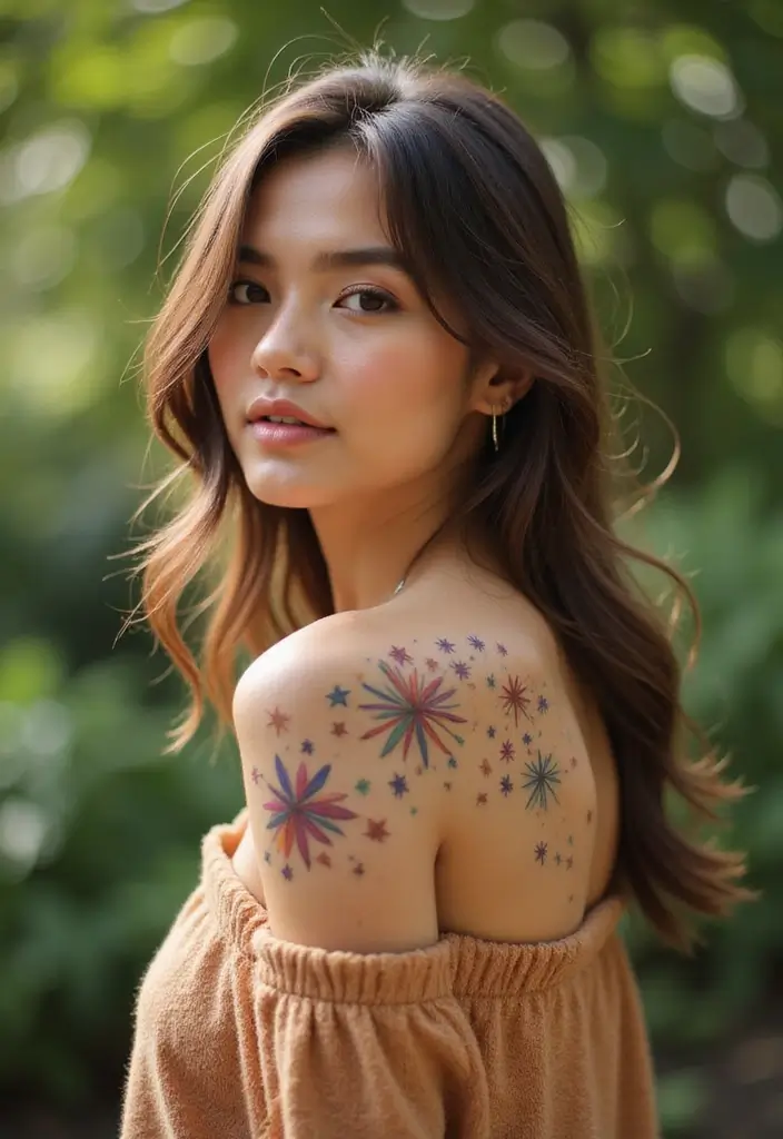 30 Shoulder Star Tattoos with Creative and Stylish Designs 26 30 Shoulder Star Tattoos with Creative and Stylish Designs - 26. Burst of Stars