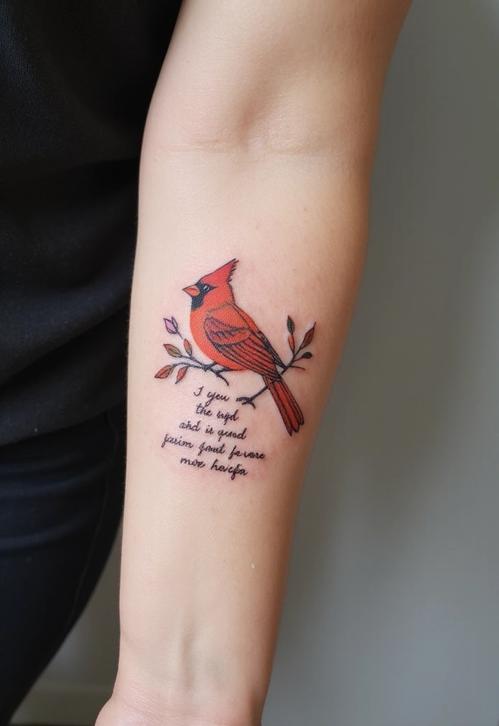 30 Small Cardinal Tattoos for Unique Inspiration 26 30 Small Cardinal Tattoos for Unique Inspiration - 26. Cardinal with a Quote on Nature