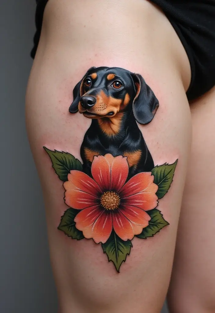 50 Small Wiener Dog Tattoos with Cute and Minimalist Designs - 26. Dog in a Flower