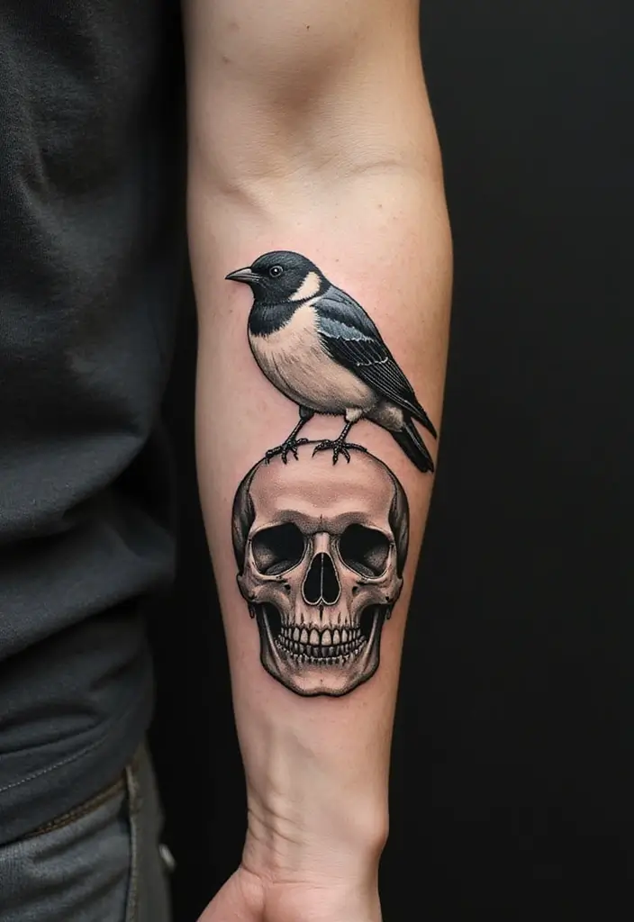 50 Sparrow Tattoos with Symbolism and Artistic Styles - 26. Sparrows with Skulls