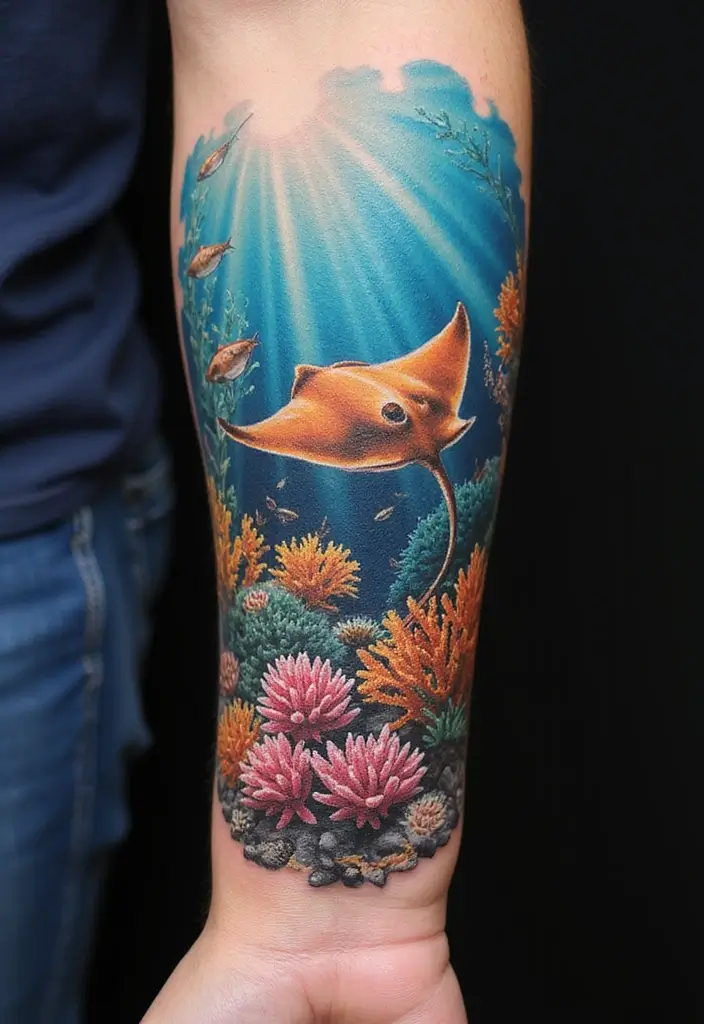 50 Stingray Tattoo Designs and Their Symbolic Meanings - 26. Stingray with Coral
