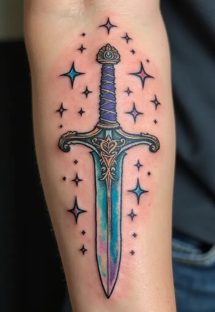 50 Sword Tattoo Designs and Symbolism to Inspire Your Next Ink 26 50 Sword Tattoo Designs and Symbolism to Inspire Your Next Ink - 26. Sword with Stars