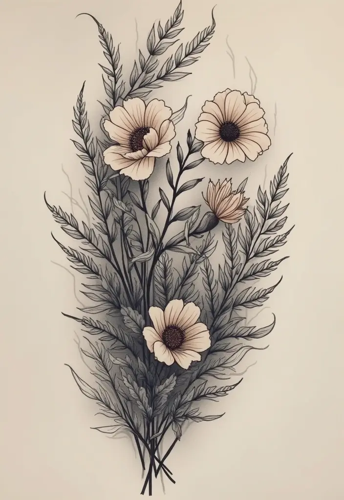50 Wildflower Tattoo Ideas with Simple and Beautiful Designs 26 50 Wildflower Tattoo Ideas with Simple and Beautiful Designs - 26. Fern and Wildflowers