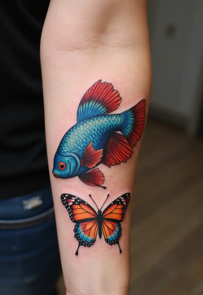 50 Betta Fish Tattoo Ideas with Unique and Colorful Designs 27 50 Betta Fish Tattoo Ideas with Unique and Colorful Designs - 27. Betta Fish with a Butterfly