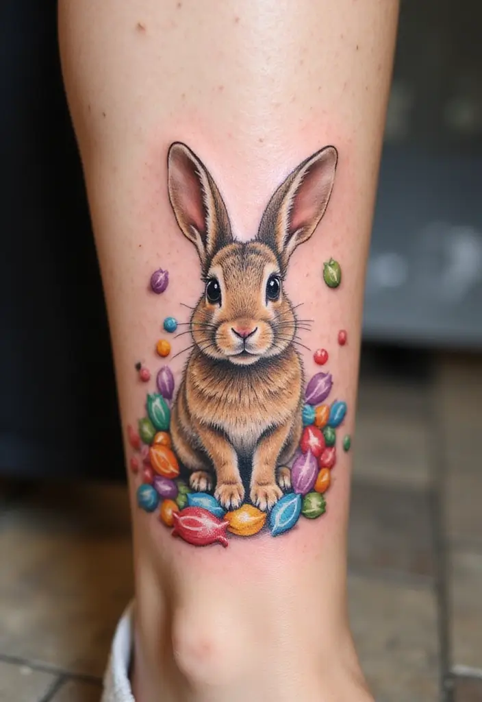 50 Bunny Tattoo Meaning Inspirations for Cute and Creative Designs - 27. Bunny and Candy