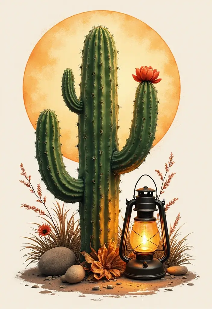 50 Cactus Tattoo Ideas with Minimalist and Symbolic Styles 27 50 Cactus Tattoo Ideas with Minimalist and Symbolic Styles - 27. Cactus with a Lantern