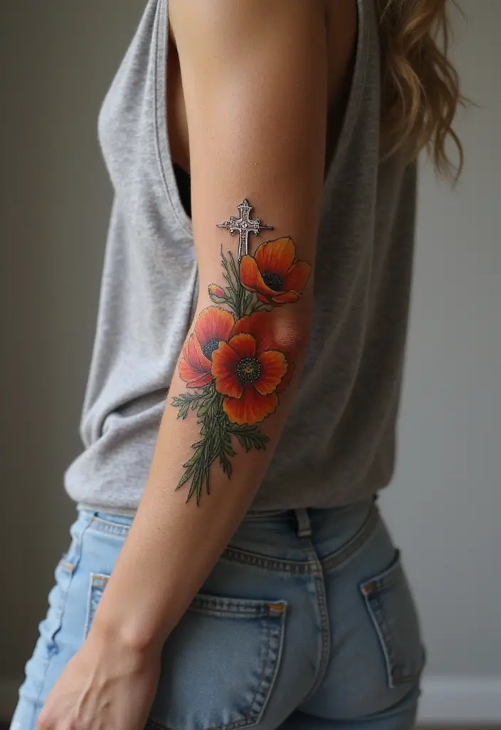 50 California Poppy Tattoo Ideas with Symbolism and Beauty - 27. California Poppy with Cross
