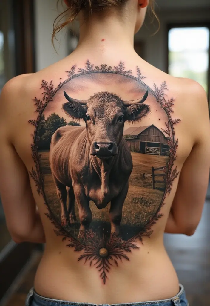 50 Cow Tattoo Designs with Fun and Unique Symbolism - 27. Cow with Rustic Farm Elements