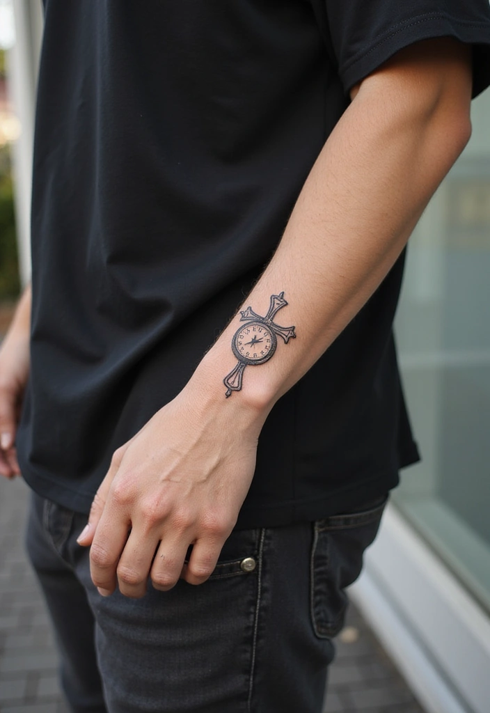 30 Cross Tattoos on Wrist with Meaningful and Elegant Designs 27 30 Cross Tattoos on Wrist with Meaningful and Elegant Designs - 27. Cross with Clock Tattoo