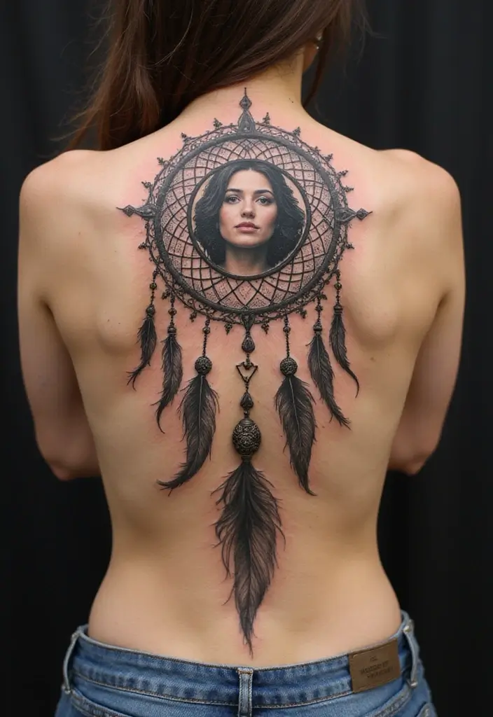 50 Dreamcatcher Tattoo Ideas with Cultural Symbolism 27 50 Dreamcatcher Tattoo Ideas with Cultural Symbolism - 27. Dreamcatcher with a Portrait