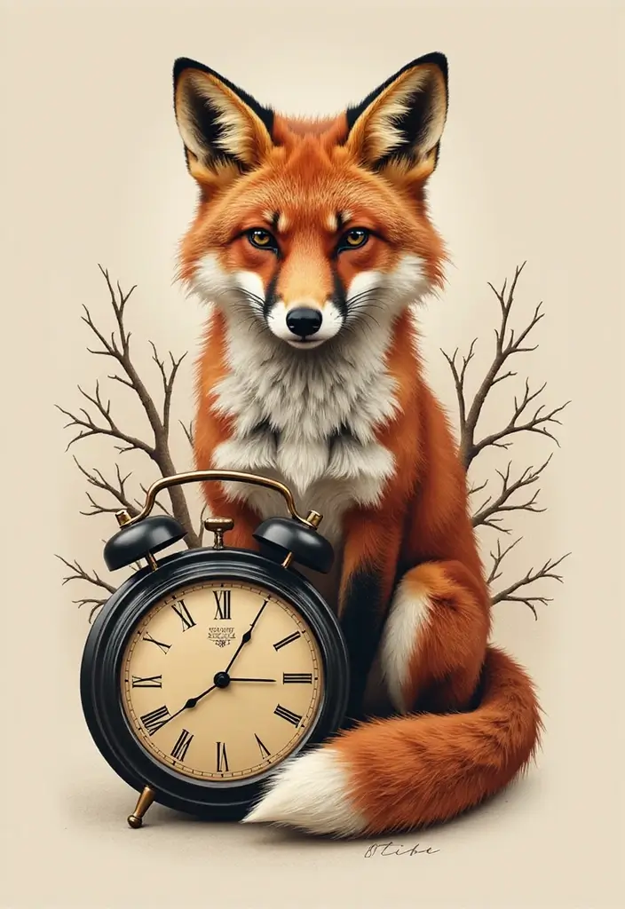 30 Fox Tattoos with Creative and Symbolic Designs - 27. Fox and Clock Tattoo