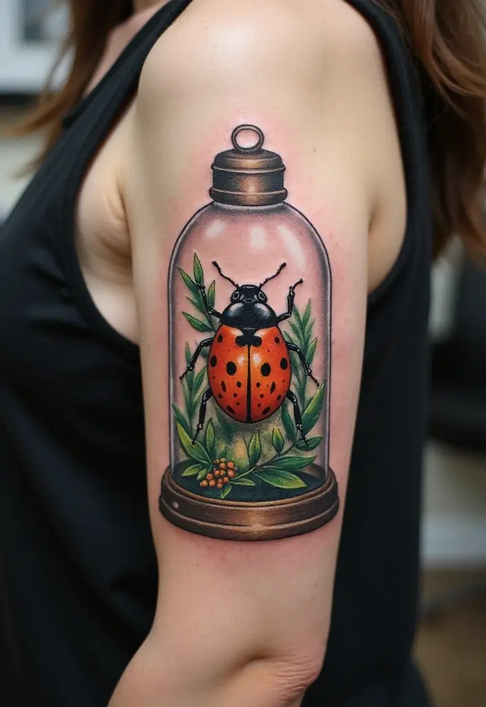 30 Ladybug Tattoo Ideas with Cute and Symbolic Designs 27 30 Ladybug Tattoo Ideas with Cute and Symbolic Designs - 27. Ladybug in a Terrarium