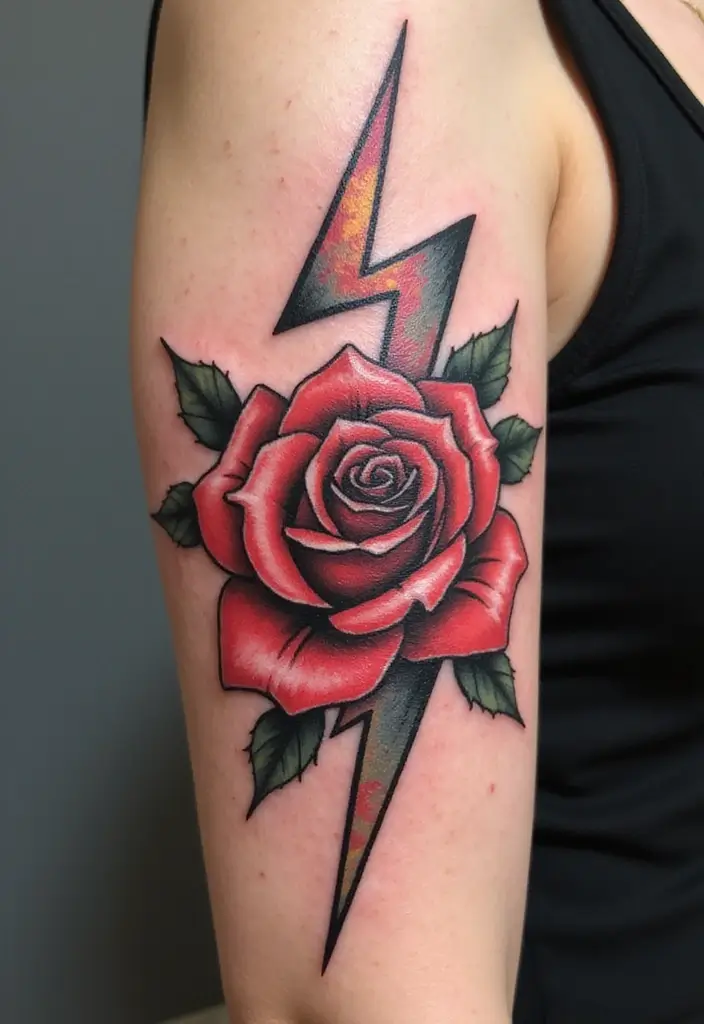 50 Lightning Bolt Tattoos with Bold and Striking Designs 27 50 Lightning Bolt Tattoos with Bold and Striking Designs - 27. Lightning Bolt with a Rose