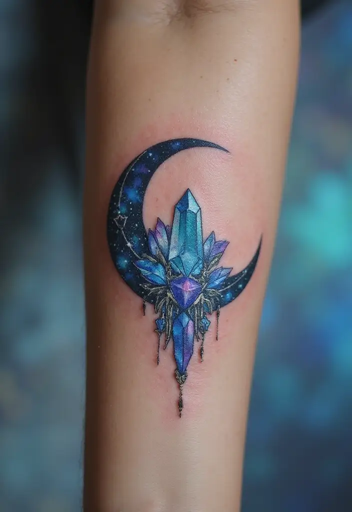 30 Moon Phase Tattoo Ideas with Symbolism and Elegant Designs 27 30 Moon Phase Tattoo Ideas with Symbolism and Elegant Designs - 27. Crescent Moon with a Crystal