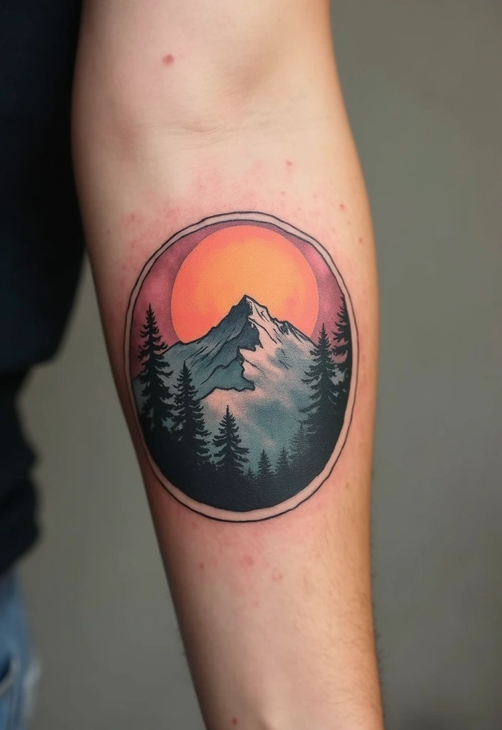 50 Mountain Tattoo Ideas with Powerful and Minimalist Designs 27 50 Mountain Tattoo Ideas with Powerful and Minimalist Designs - 27. Mountain Landscape in a Circle