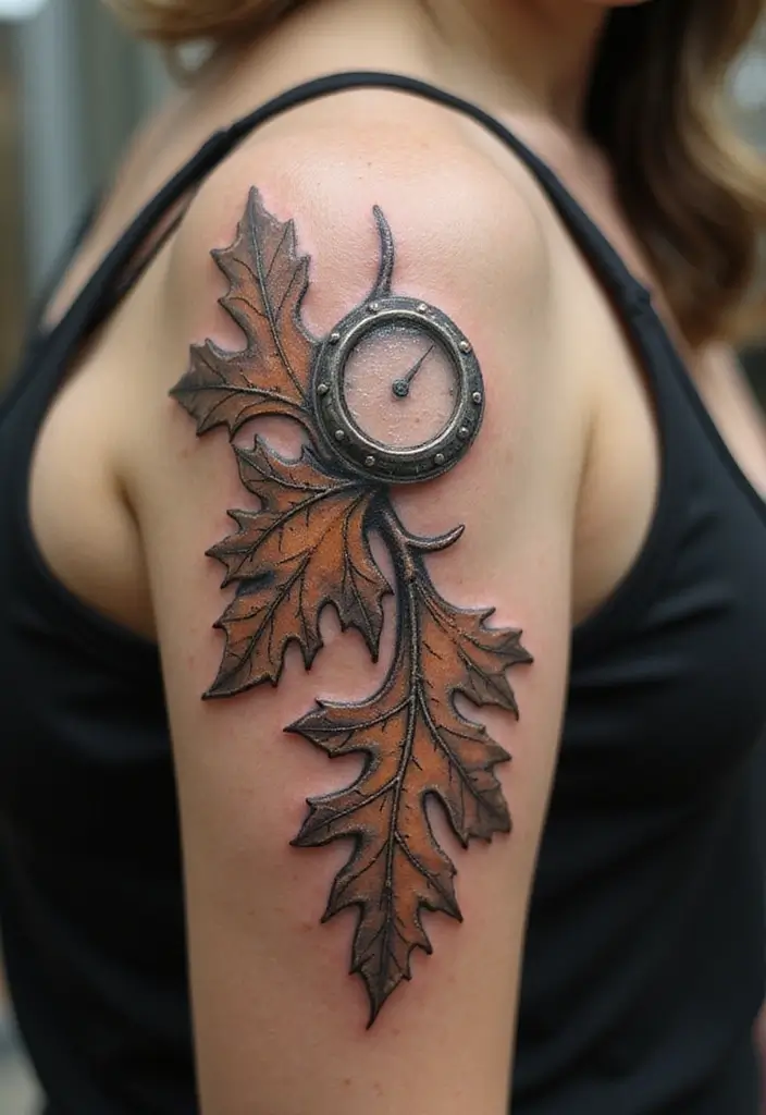 30 Oak Leaf Tattoo Designs with Nature-Inspired Symbolism - 27. Oak Leaf and Clock Tattoo