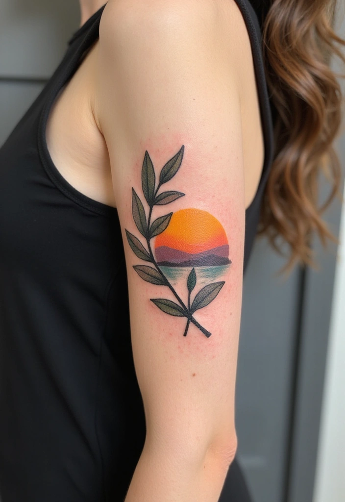 30 Olive Branch Tattoo Meaning and Design Inspirations - 27. Olive Branch with a Sunset
