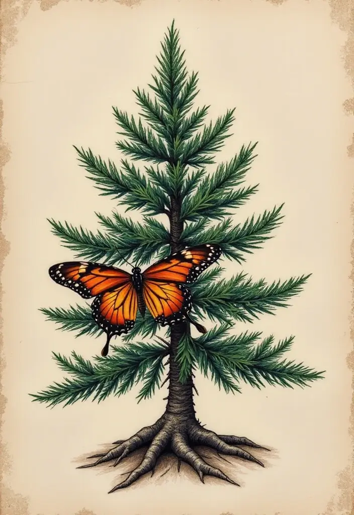 30 Pine Tree Tattoo Ideas with Nature-Inspired Symbolism - 27. Pine Tree and Butterfly