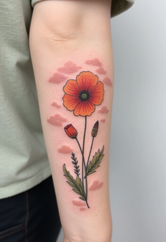 30 Poppy Tattoo Ideas with Symbolic Meanings 27 30 Poppy Tattoo Ideas with Symbolic Meanings - 27. Poppy with Clouds