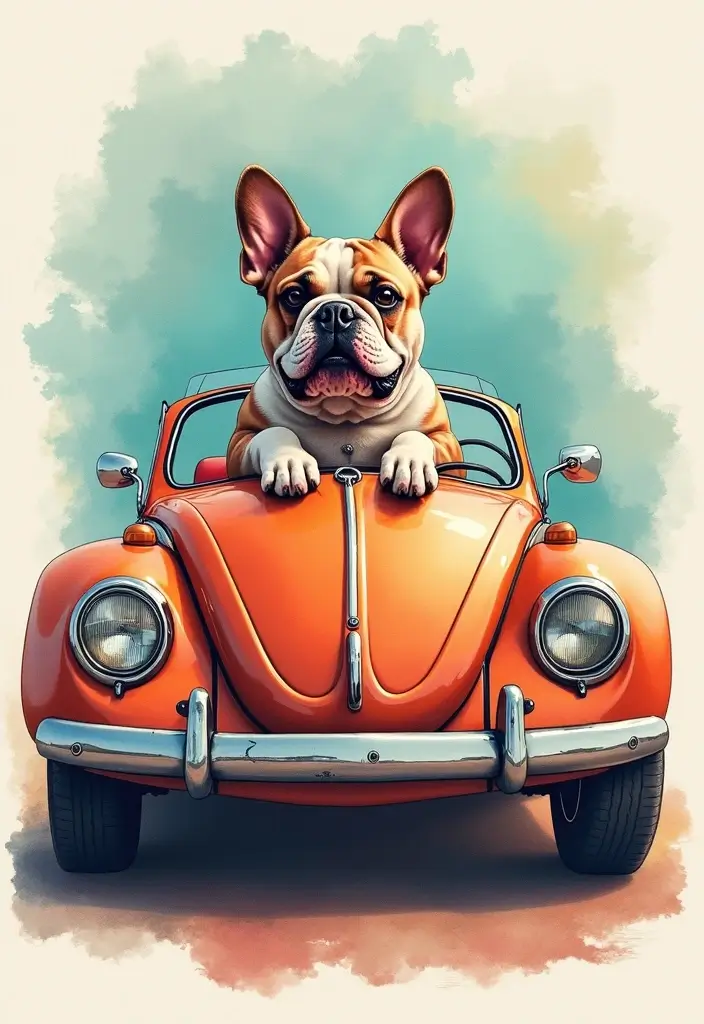 30 Realistic English and French Bulldog Tattoos You’ll Love - 27. Bulldog in a Vintage Car
