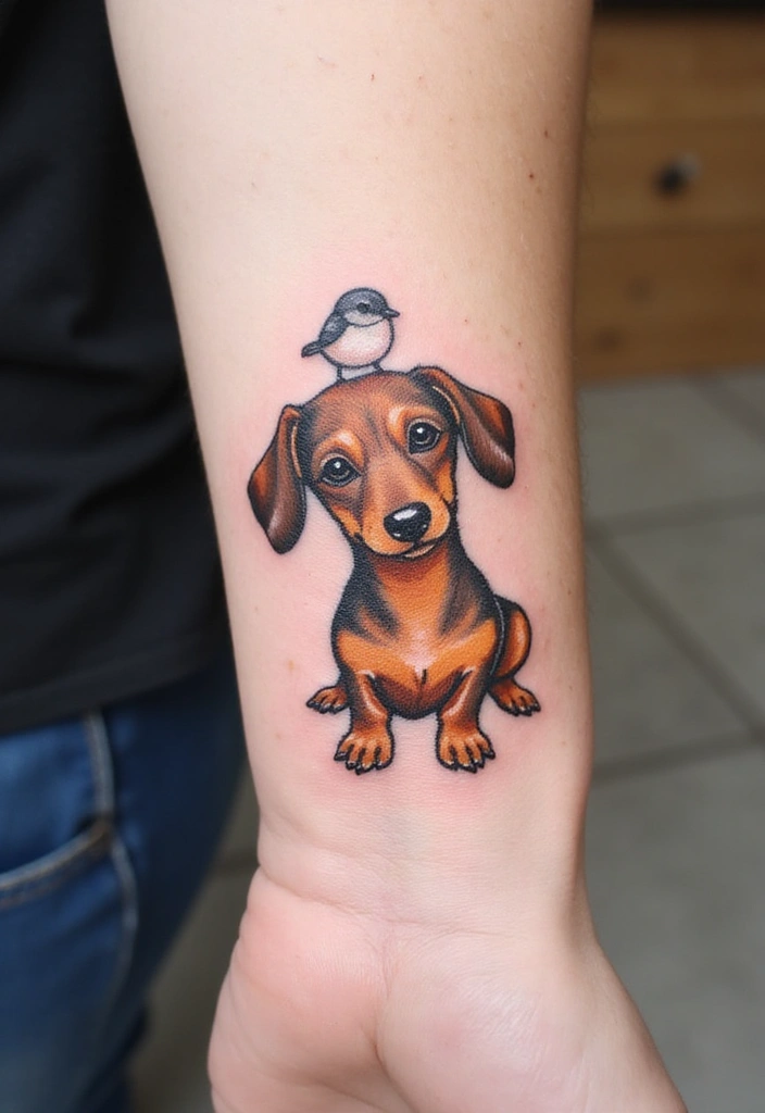 50 Small Wiener Dog Tattoos with Cute and Minimalist Designs - 27. Charming Dog and Bird
