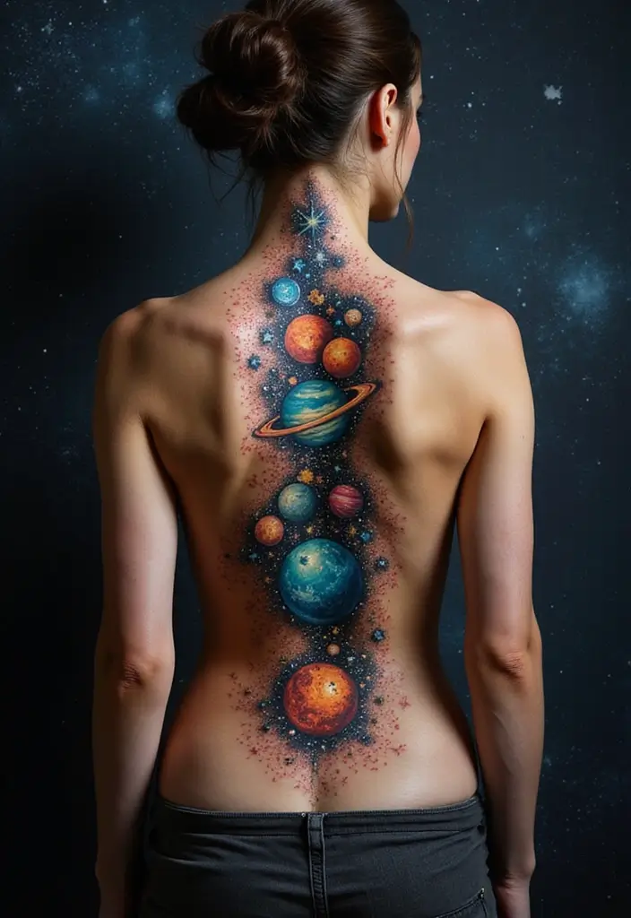 99 Stunning Spine Tattoos for Women to Inspire Your Next Ink - 27. Celestial Map
