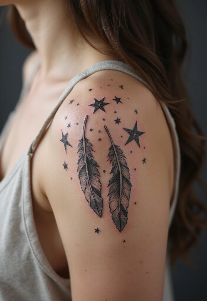 30 Star Tattoos That Are Timeless and Beautiful 27 30 Star Tattoos That Are Timeless and Beautiful - 27. Stars and Feathers Combination