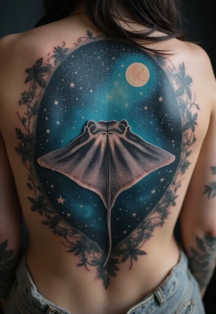 50 Stingray Tattoo Designs and Their Symbolic Meanings - 27. Stingray with Night Sky