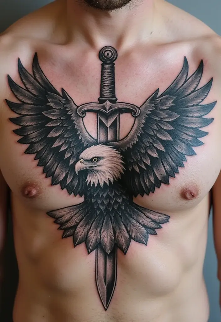50 Sword Tattoo Designs and Symbolism to Inspire Your Next Ink 27 50 Sword Tattoo Designs and Symbolism to Inspire Your Next Ink - 27. Sword with a Shield and Eagle