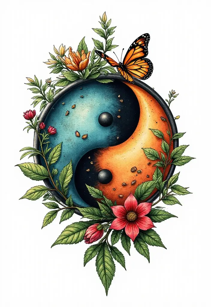 50 Yin Yang Tattoo Ideas with Balance and Harmony Symbolism - 27. Yin Yang with Garden Elements