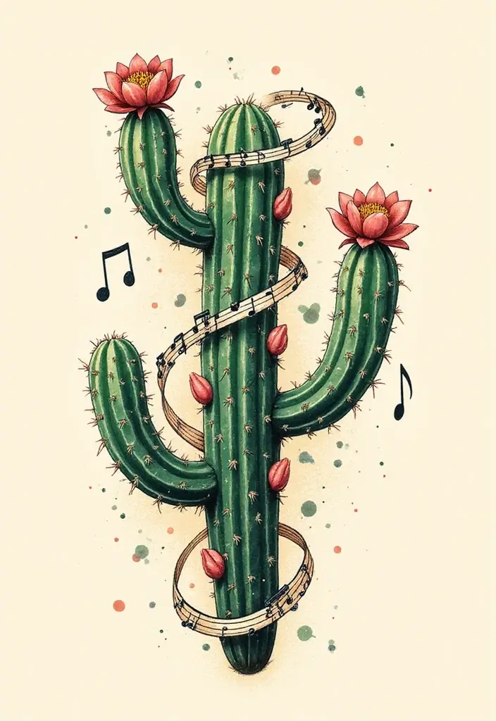 50 Cactus Tattoo Ideas with Minimalist and Symbolic Styles 28 50 Cactus Tattoo Ideas with Minimalist and Symbolic Styles - 28. Cactus and Music Notes