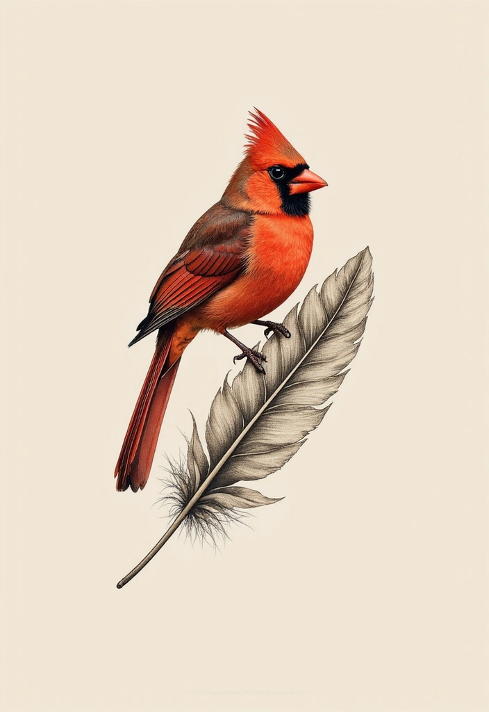 50 Cardinal Tattoo Ideas with Symbolism and Beautiful Designs - 28. Cardinal with a Feather