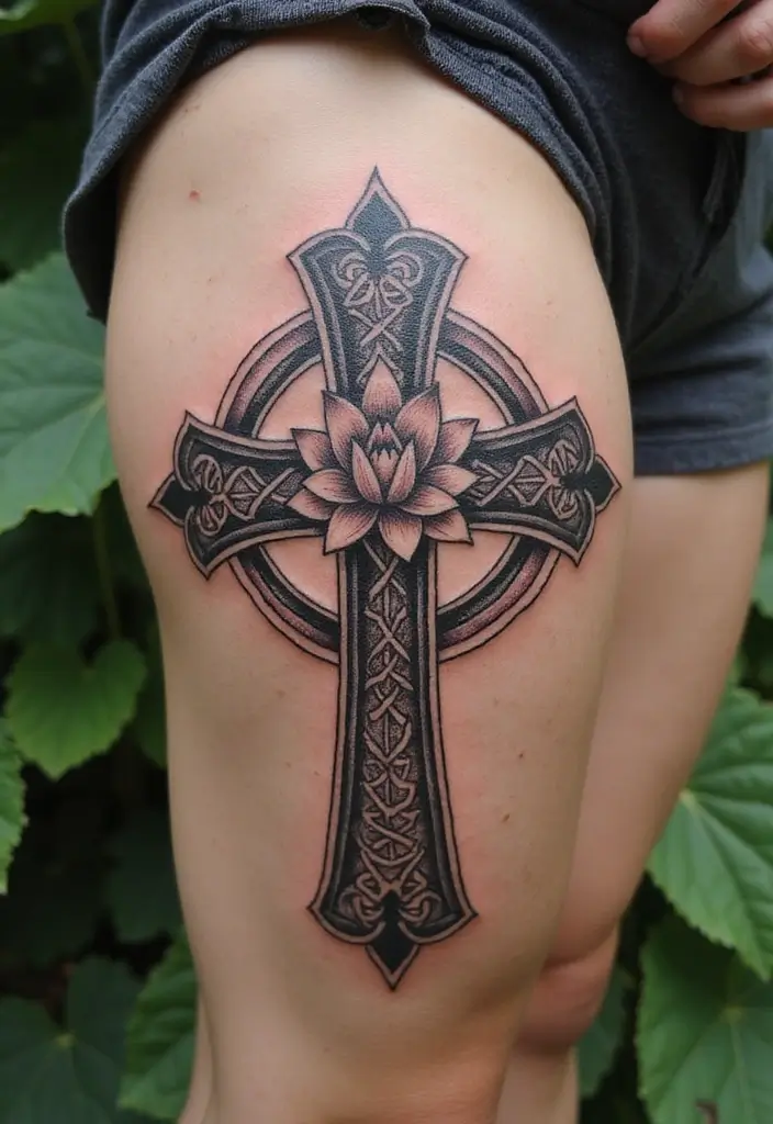 30 Celtic Cross Tattoos for Men and Women with Spiritual Value 28 30 Celtic Cross Tattoos for Men and Women with Spiritual Value - 28. Celtic Cross with a Lotus Flower