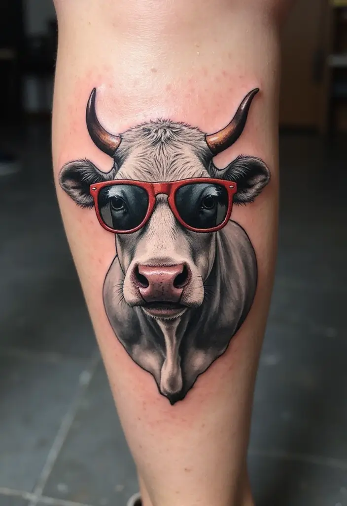 50 Cow Tattoo Designs with Fun and Unique Symbolism - 28. Cow with Fun Accessories