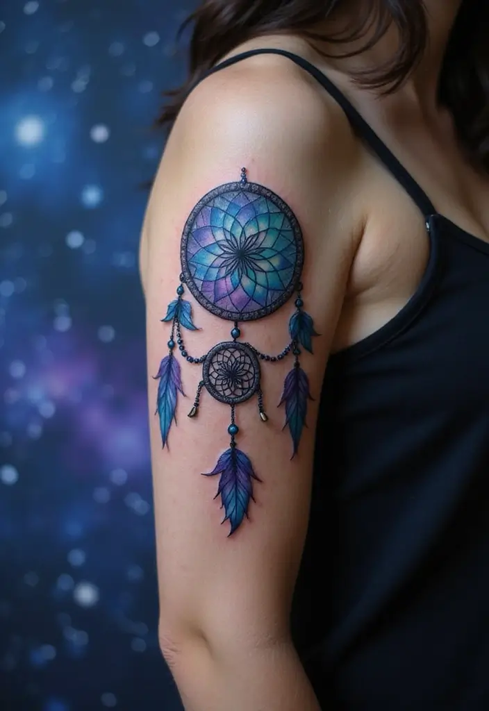 50 Dreamcatcher Tattoo Ideas with Cultural Symbolism 28 50 Dreamcatcher Tattoo Ideas with Cultural Symbolism - 28. Dreamcatcher under the Stars
