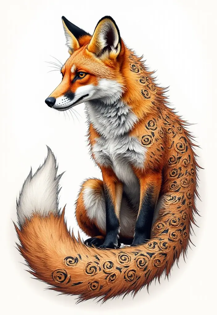 30 Fox Tattoos with Creative and Symbolic Designs - 28. Fox with Spiral Patterns Tattoo