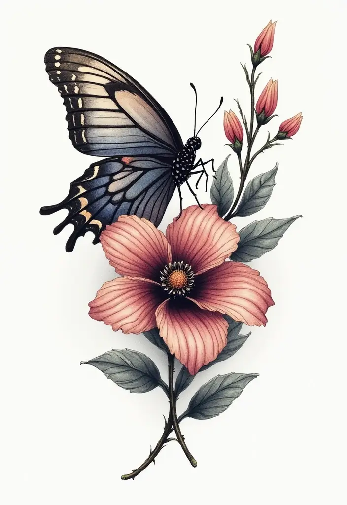 50 Half Butterfly Half Flower Tattoo Designs and Inspirations - 28. Layered Elements