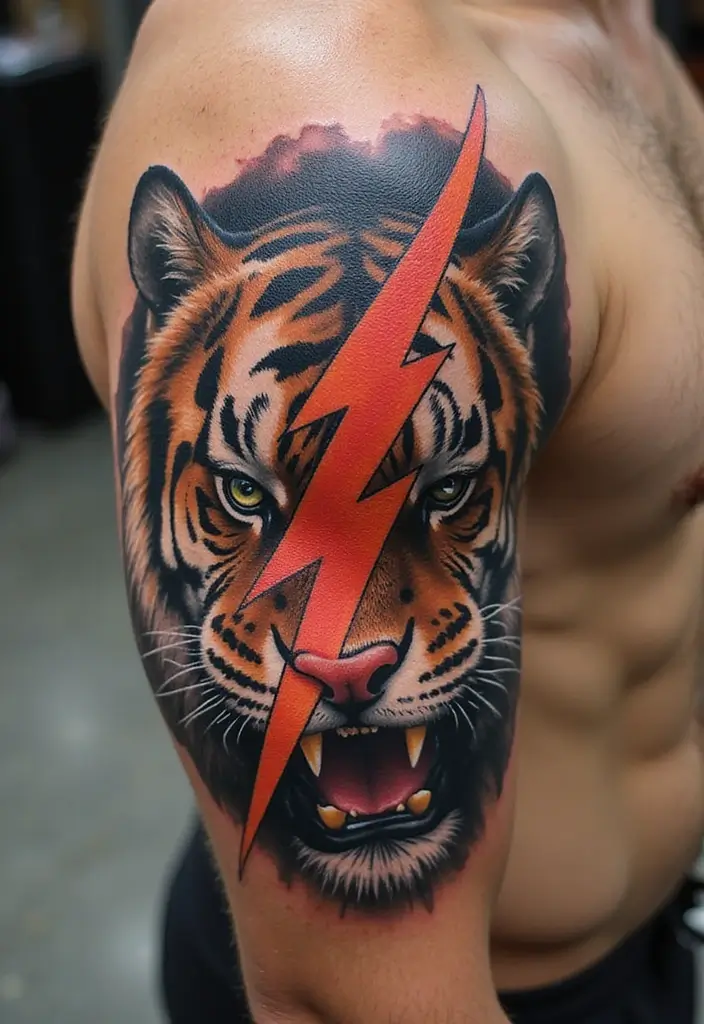 50 Lightning Bolt Tattoos with Bold and Striking Designs 28 50 Lightning Bolt Tattoos with Bold and Striking Designs - 28. Lightning Bolt with a Tiger
