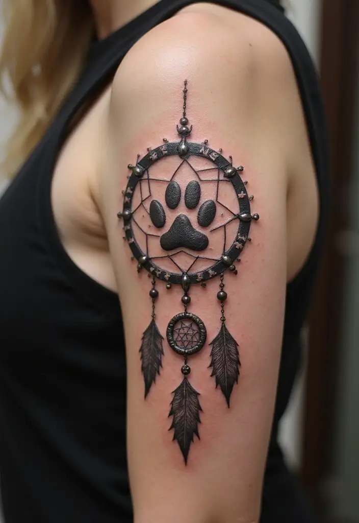 30 Loyalty Over Love Tattoos and Their Symbolism - 28. Dreamcatcher with Paw Print