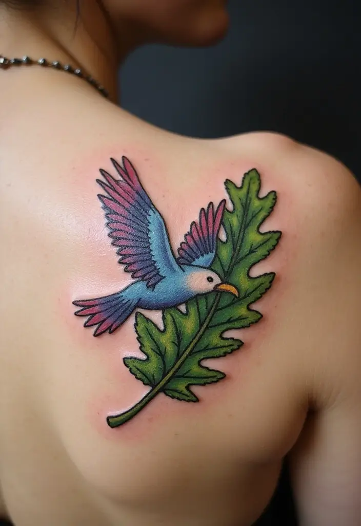 30 Oak Leaf Tattoo Designs with Nature-Inspired Symbolism - 28. Oak Leaf and Bird Tattoo