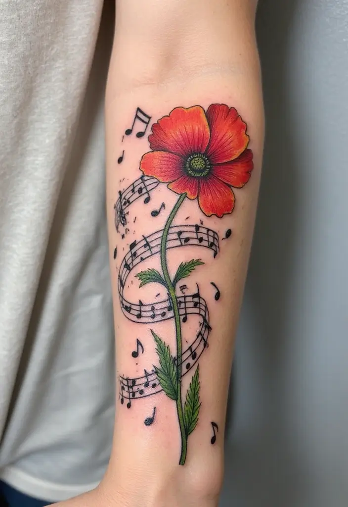 30 Poppy Tattoo Ideas with Symbolic Meanings 28 30 Poppy Tattoo Ideas with Symbolic Meanings - 28. Poppy with Music Notes