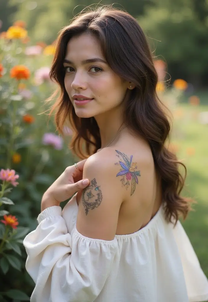 30 Shoulder Star Tattoos with Creative and Stylish Designs 28 30 Shoulder Star Tattoos with Creative and Stylish Designs - 28. Star with Inspirational Symbols