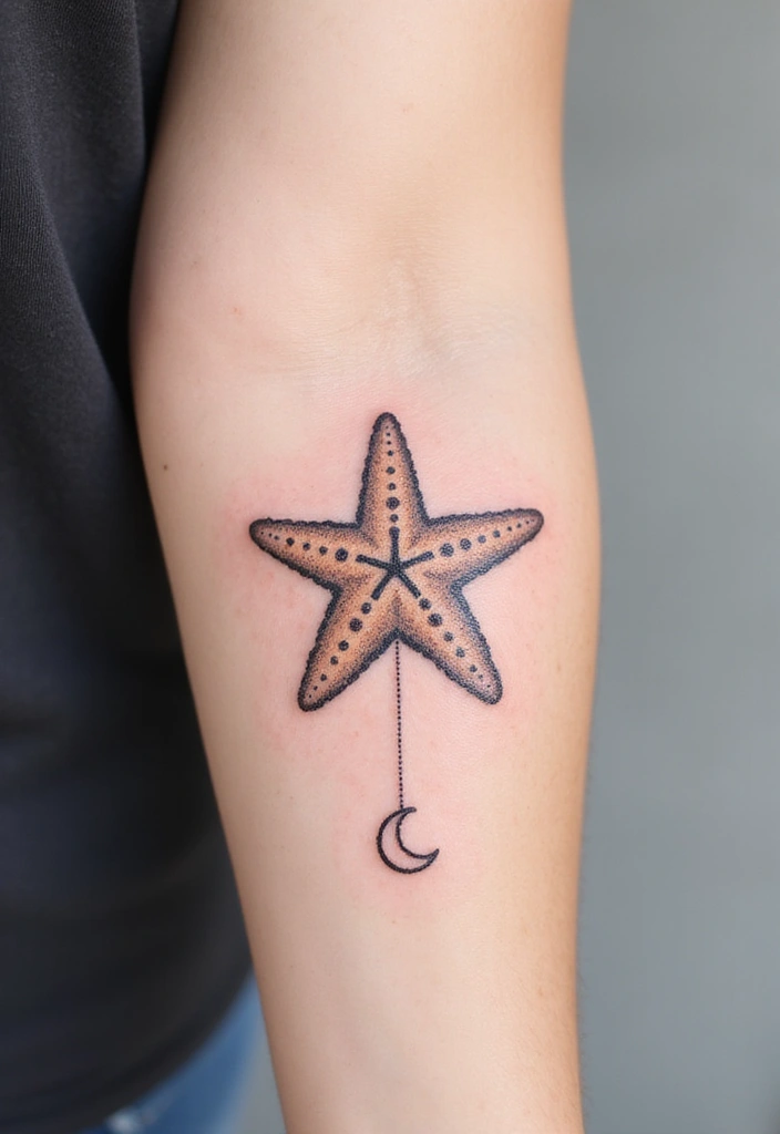 30 Simple Starfish Tattoo Ideas with Minimalist Symbolism 28 30 Simple Starfish Tattoo Ideas with Minimalist Symbolism - 28. Starfish with a Moon
